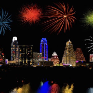 Digitale kunst Nieuwjaars graphics Austin Texas Skyline met vuurwerk