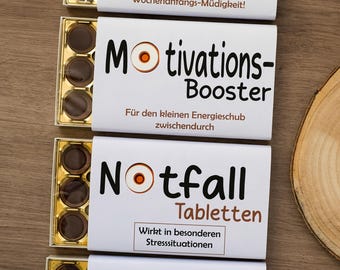 Schokoladen Geschenk für zwischendurch, Notfalltabletten, in Stresssituationen, Motivationsgeschenk, Kraft schenken, Nervennahrung, Kollegen