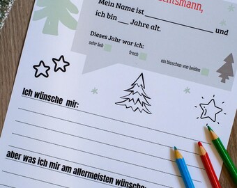 Op de afbeelding: Een kerstbrief aan de Kerstman, met invulvelden voor naam en leeftijd. De brief bevat illustraties van sterren, een kerstboom en de Kerstman op een slee. Gekleurde potloden zijn zichtbaar.