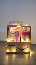 Wellness gift set, a little getaway, wooden gift basket, beauty, gift idea for girlfriend, bath salts, a relaxing gift, Valentine's Day product logo