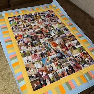 May include: A personalized photo quilt featuring numerous individual photos arranged in a grid pattern. The quilt has a light blue border, a yellow inner border, and colorful striped accents. The photos appear to be of various people and events.