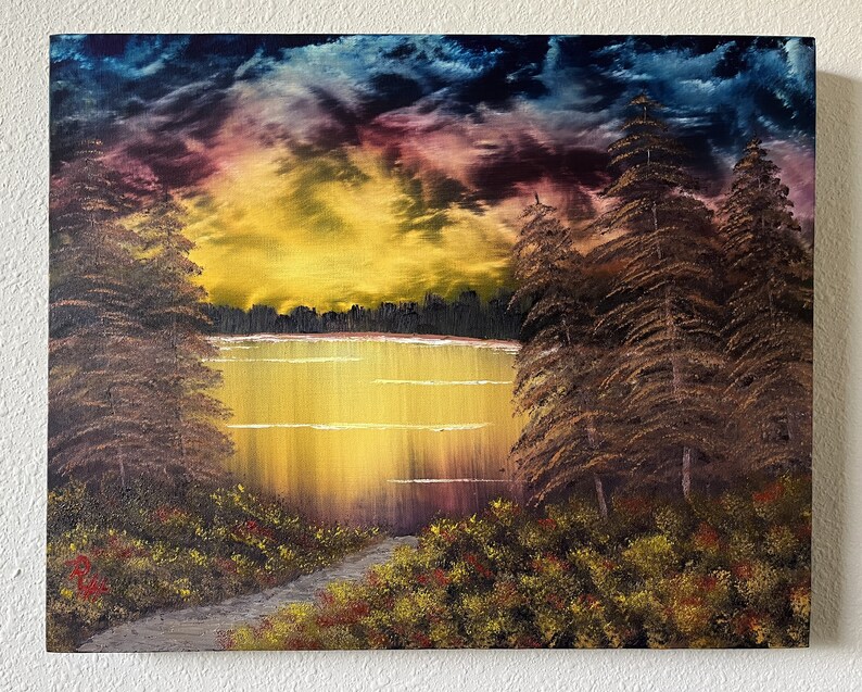 16x20x1.375 Oil Painting on Canvas - Dramatic Sunset Lake - Original ...