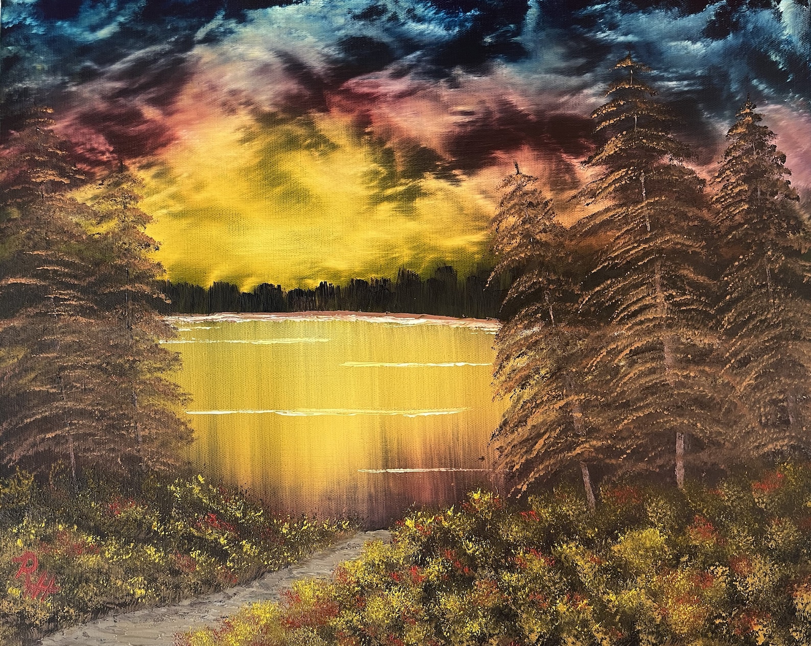 16x20x1.375 Oil Painting on Canvas - Dramatic Sunset Lake - Original ...