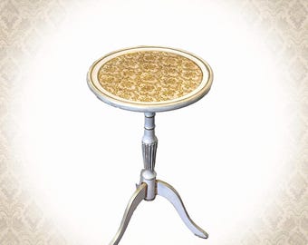 Mesita auxiliar francesa, mesa auxiliar vintage, mesa con incrustaciones de madera, mesa con pedestal decorativo, decoración única para el hogar, pieza llamativa