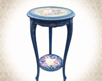 Blue Side Table Vintage Floral Plant Stand Pedestal Table French Style Accent Table