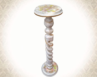 Tall Plant Stand Wooden Pedestal Table Vintage Floral Decor French Style Side Table