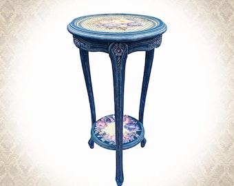 Mesita auxiliar azul, soporte para plantas con diseño floral vintage, mesa con pedestal, mesa auxiliar de estilo francés.