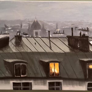 May include: A painting of a cityscape with a focus on the rooftops of buildings. The buildings have grey slate roofs with windows and chimneys. The sky is a light grey with a hazy atmosphere. The windows are lit with a warm yellow light.