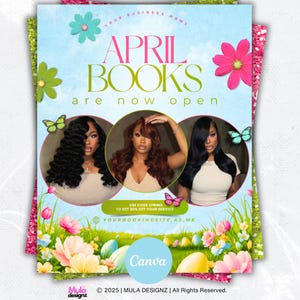 Puede incluir: Un folleto promocional con temática primaveral. El texto "APRIL BOOKS are now open" se muestra sobre tres retratos de mujeres. El folleto incluye gráficos florales y de mariposas, con el texto "USE CODE SPRING TO GET 20% OFF YOUR SERVICE".
