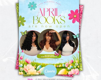 April Booking Flyer Template:  Spring Books Open, Easter, Hair, Lashes, Nails, MUA, Canva Editable