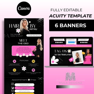 Acuity Scheduling Template, Hair Acuity Template, Hair Stylist Branding, Hair Stylist Website, Black, Pink, Acuity, Canva Templates