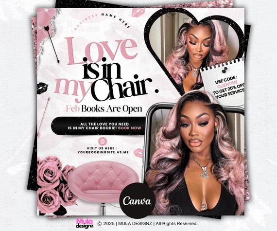 February Booking Flyer: Valentine's Day Booking Flyer | Hair, Lashes, Nails, Makeup | February Book Now (Canva Editable Template)