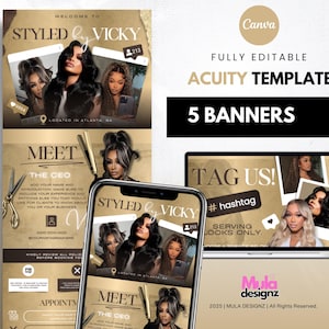 May include: A digital marketing template with the text "STYLED by VICKY" and "ACUITY TEMPLATE". The design features images of women with styled hair, a laptop, and a smartphone. The template includes the text "5 BANNERS".