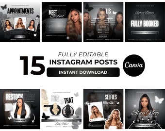 Hair Stylist Instagram Templates: Black Theme Canva Flyers (Digital Download)