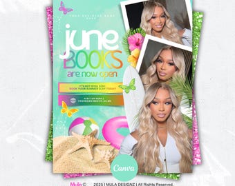 June Booking Appointment Flyer | Summer: Hair, Nails, Lashes, Makeup (Editable Canva Template)