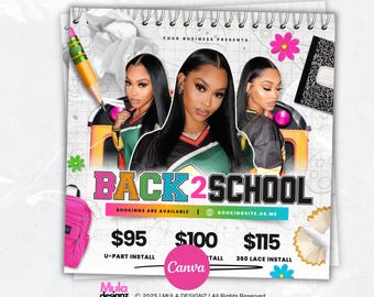 Mall för bokningsflyer för skolstart, augusti, hår, naglar, flätor (Canva-mall)