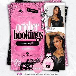 Könnte beinhalten: Eine digitale Flyer-Vorlage in Pink und Schwarz mit Spinnennetz-Mustern, einem schwarzen Kürbis, einem Lutscher und einer Skelett-Grafik. Der Text lautet October Bookings are now open girls, use code SPOOKYSLAY to get 20% off your service und Book Now.
