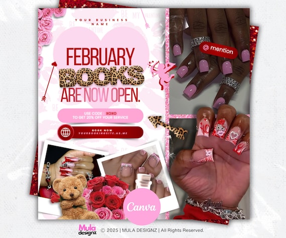 February Booking Flyer: Valentine's Day Booking Flyer | Hair, Lashes, Nails, Makeup | February Book Now (Canva Editable Template)