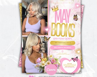 Fête des Mères, brochure de réservation de mai, rendez-vous ouverts en mai, coiffure, ongles, cils, maquillage (modèle canva modifiable)