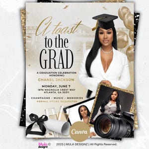 Plantilla de invitación para fiesta de graduación, promoción de 2026, folleto para graduados universitarios (Canva)