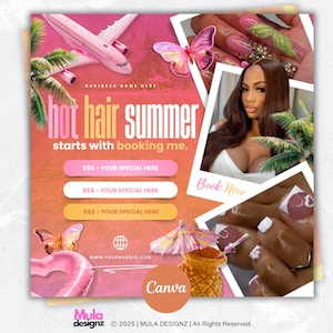 Juni-Buchungsflyer, Sommer-Buchungsflyer, Juni-Bücher offen, Juni-Haare, Zöpfe, Nagel, Wimpern, Make-up, Perücke installieren, Flyer, Terminvereinbarungs-Flyer