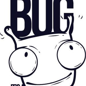 Könnte beinhalten: Schwarz-weiß-Illustration eines Cartoon-Käfers mit großen Augen und einem Lächeln. Der Text "Es ist kein Fehler, es ist eine Funktion" steht über und unter dem Käfer.