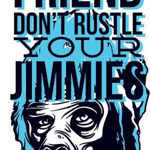 以下が含まれることがあります： ゴリラの顔と「リラックス、フレンド、ジミーズを揺さぶらないで」というテキストが書かれた青と黒のグラフィックデザイン。