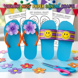 May include: A DIY paper sandal craft kit featuring blue paper sandal cutouts, orange pipe cleaner straps, purple paper flowers, and purple and yellow striped bands with yellow smiley faces. Includes printed templates and a pair of scissors.