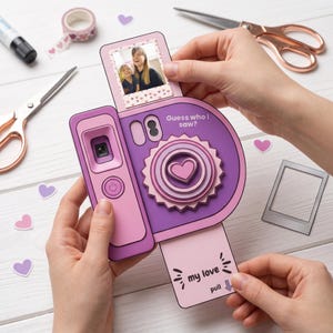 May include: A purple and pink paper craft camera with a pull-out tab featuring the text 'my love' and a pull arrow. The camera has a central heart design, a top slot displaying a photo with the text 'Guess who I saw?', and a power button icon.