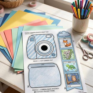 Può includere: Un foglio per lavoretti in carta intitolato Paper Camera Photo Craft DIY con il contorno di una fotocamera a righe blu, un pannello a tasca e quattro illustrazioni di animali, tra cui una volpe, un koala, una tartaruga e un gufo.