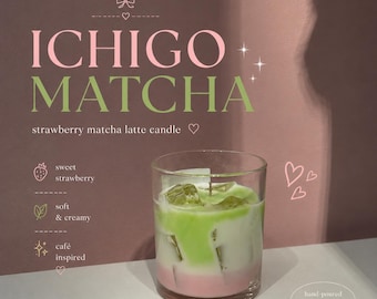 May include: A layered candle in a clear glass, featuring pink, white, and green sections, resembling a matcha latte. The candle is labeled "ICHIGO MATCHA" and "strawberry matcha latte candle". The image also includes text that says "sweet strawberry", "soft & creamy", and "café inspired".