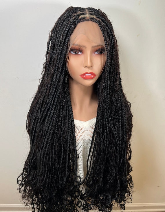 28" Knotless Boho Box Braided Full Lace Wig With Curly Ends.Colour 1/1b