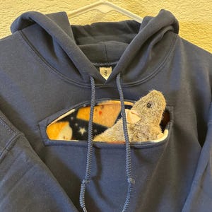 May include: A navy blue hoodie with a pocket on the front. The pocket has a fleece lining and a small stuffed animal peeking out of it.