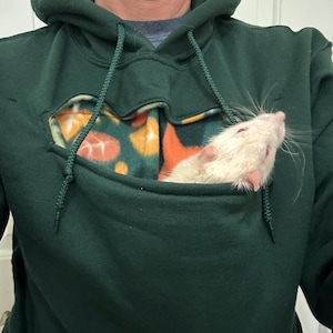 May include: A dark green hoodie with a fleece-lined pocket. A white rat is sitting in the pocket.