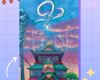 Lámina con escena de baños termales, pintura al gouache, Haku, duendes del hollín, póster A4, película de anime nostálgica