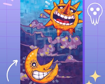 Impresión artística, pintura gouache de Sol y Luna, fan art de anime (A4 o A5)
