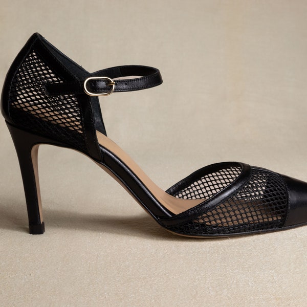 Mary jane shoes with Mid Heel,  Leather Pumps D’Orsays with Cap Toe, Mesh Shoes, Women’s Shoes