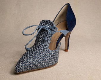 Regency Shoes, D’Orsay, Denim Shoes, Two Tone Shoes, Tweed Heels with Bow, Elegant Shoes, Blue Shoes,