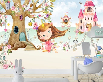 Papier peint mural chambre d'enfant, papier peint rose pour enfants, papier peint dessin animé, papier peint princesse, papier peint château, art mural princesse disney