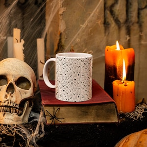 Minimalist Ghost Mug | Cute Halloween Coffee Cup | Monochrome Ghost Pattern | Spooky Tea Mug | 11oz & 15oz | Cozy Fall Drinkware