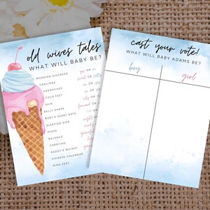 What&#39;s the Scoop Gender Reveal Signs Package - Watercolor Ice Cream Baby Shower Sign and Quiz - Editable Template