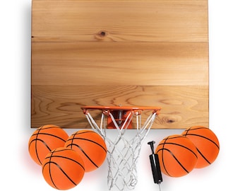 Indoor Basketball 3 Panel Wood Backboard, Made with American Cedar. Includes 9” Hoop, Net, 5 Mini Basketballs & Hand Pump.