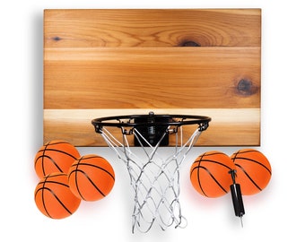 Mini Indoor Basketball Hoop and Ball Set in solid red cedar Made in USA. Unique Over the Door & Wall Option 5 Mini balls + 3 Larger Balls!