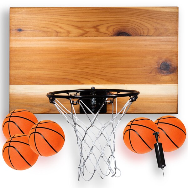 Mini Indoor Basketball Hoop and Ball Set in solid red cedar Made in USA. Unique Over the Door & Wall Option 5 Mini balls + 3 Larger Balls!