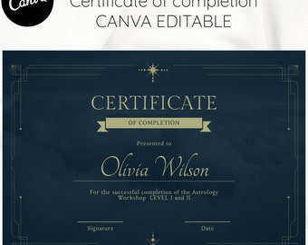Bewerkbare sjabloon voor certificaat van voltooiing: astrologie, reiki, holistische workshops (digitale download)