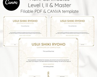 Sjabloon Usui Reiki-certificaat: niveaus I, II en master (bewerkbaar in canva, pdf)