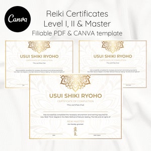 Usui Reiki Certificate Template: Levels I, II, Master (Canva Editable, PDF)