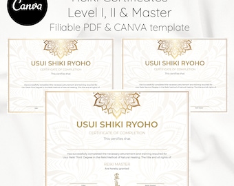 Sjabloon Usui Reiki-certificaat: niveau I, II, master (bewerkbaar in canva, pdf)