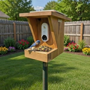 Vogelvoederbak van cederhout op zonne-energie - compatibel met Bird Buddy - handgemaakt