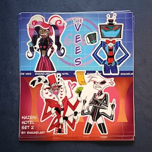 Hoja de pegatinas de Hazbin Hotel The Vees: pegatinas de Vox, Velvette, Valentino y Angel Dust